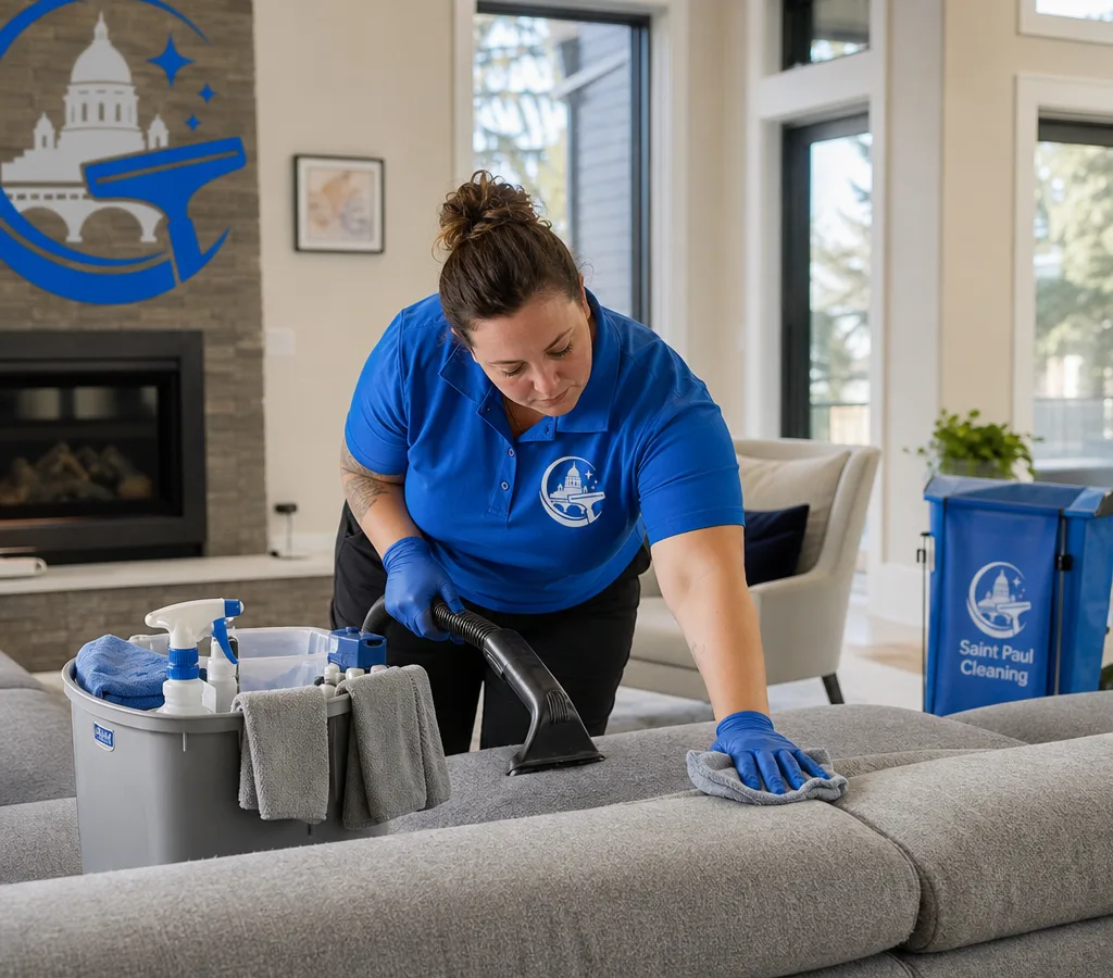 Saint Paul Cleaning team member cleaning a bright living room in a Saint Paul home