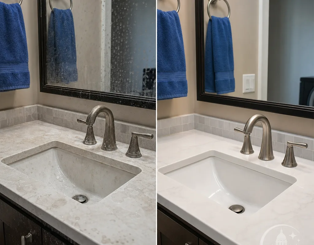 Before-and-after view of a Saint Paul bathroom vanity with polished fixtures and a clean countertop