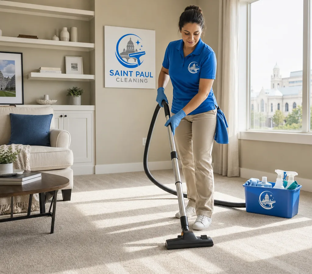 Saint Paul cleaner finishing a tidy living room with fresh vacuum lines and dust-free shelves