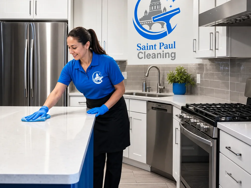 Freshly cleaned Saint Paul kitchen with clear counters and streak-free appliance exteriors