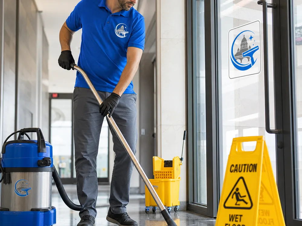 Cleaner vacuuming and spot-mopping a commercial hallway near a glass entry
