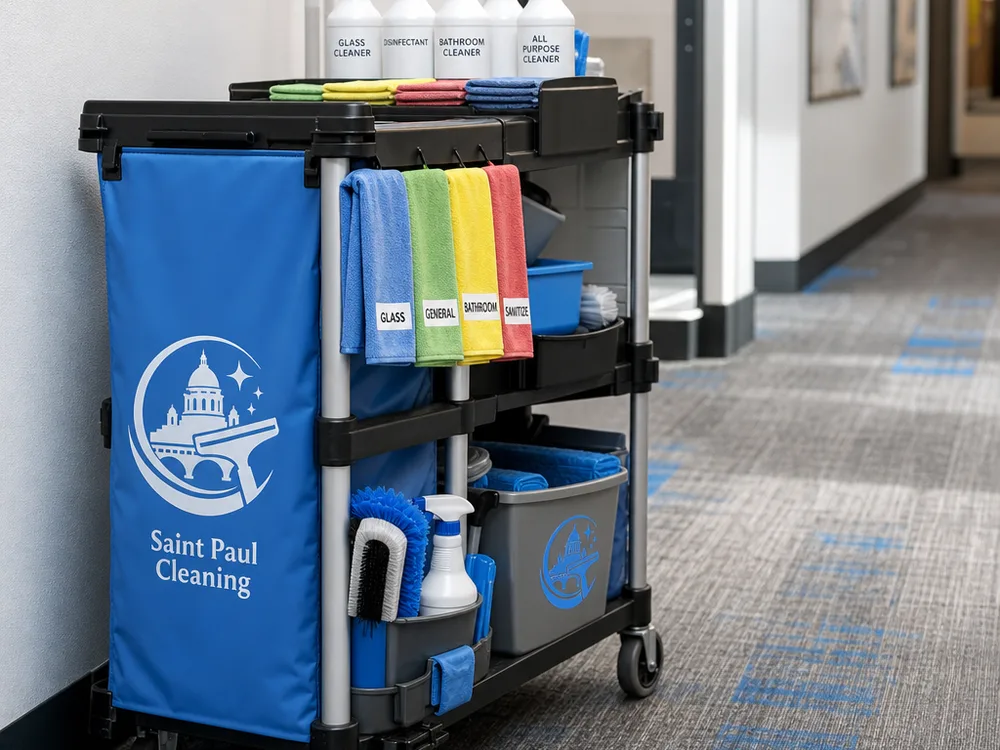 Organized commercial cleaning cart with labeled supplies and color-coded microfiber cloths
